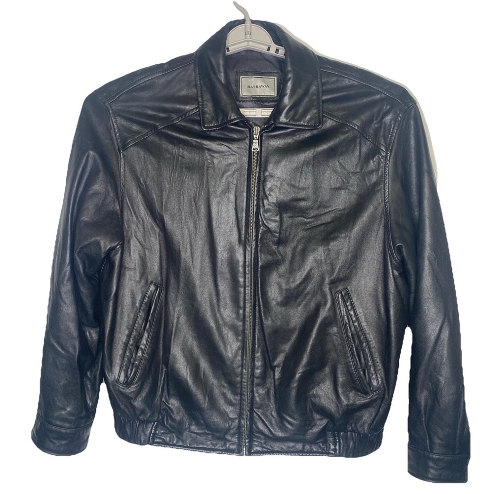 Hathaway Black Leather Men's Bomber‎ Jacket Zip Front Sz L